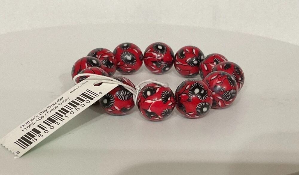 Vera Bradley Retired Deco Daisy Mother’s Day Bracelet Red Beaded Stretch NWT